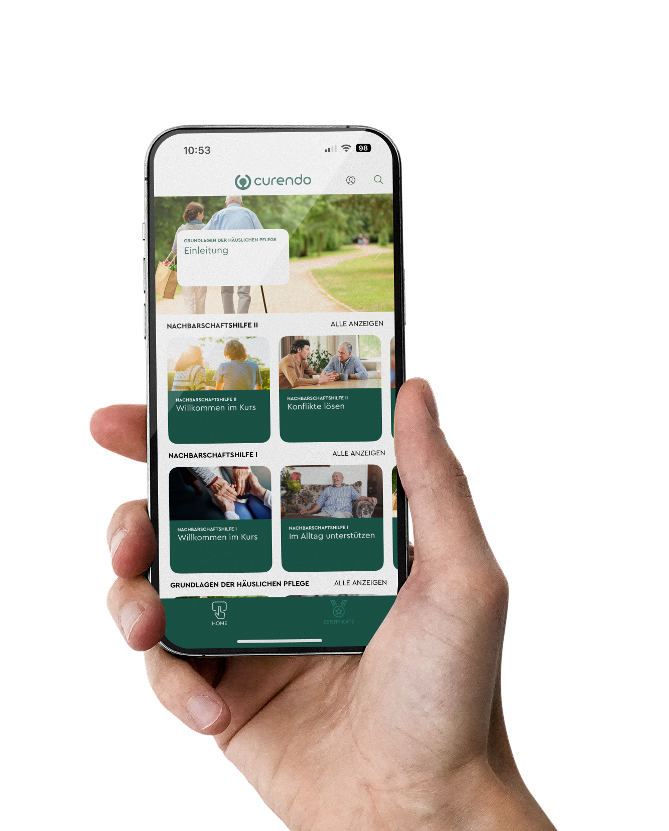 Smartphone mit geöffneter Registrierungsmaske für kostenlose Teilnahme an zertifizierten Online-Pflegekursen.