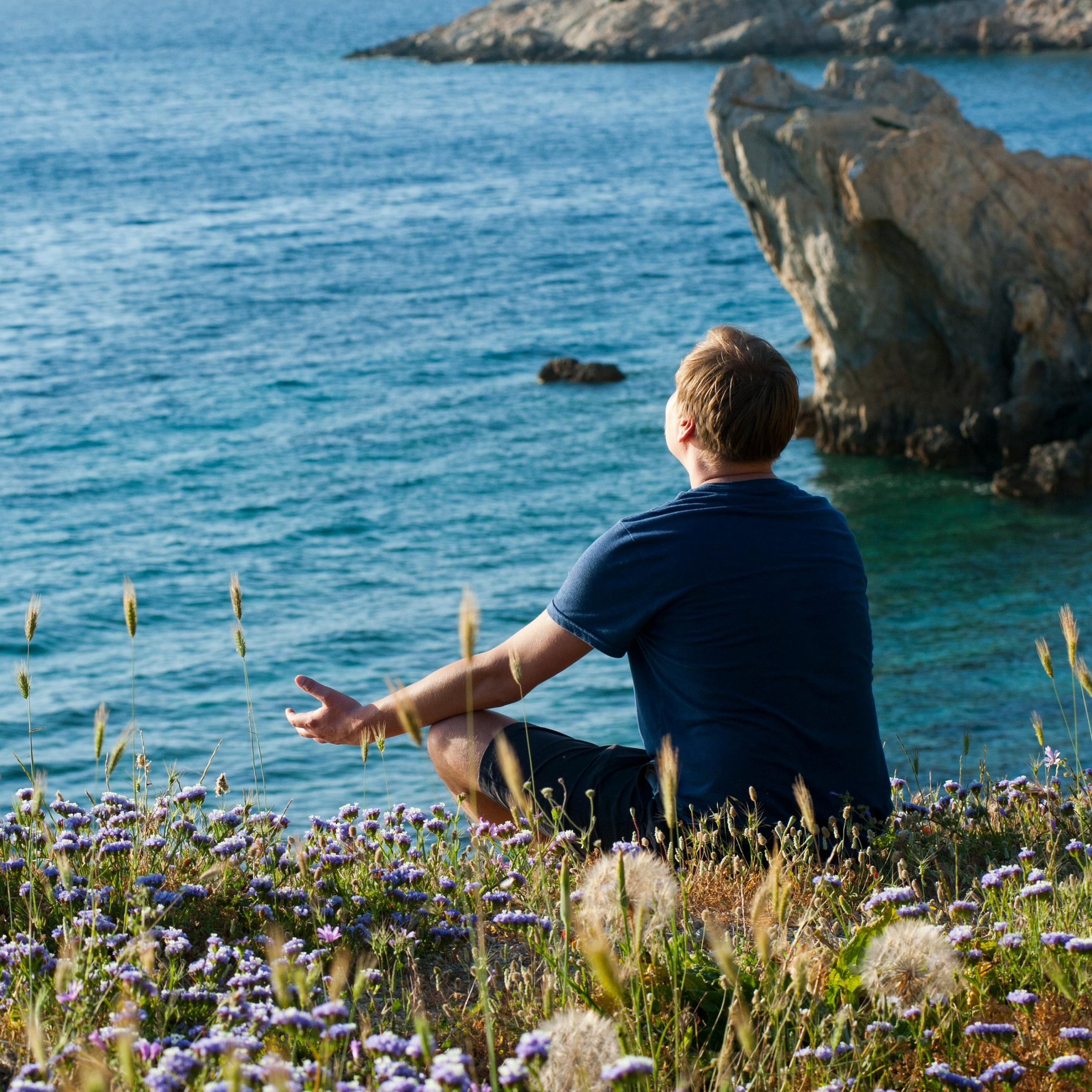 Ein Mann sitzt inmitten von Wildblumen am Meer und blickt ruhig auf das Wasser hinaus.